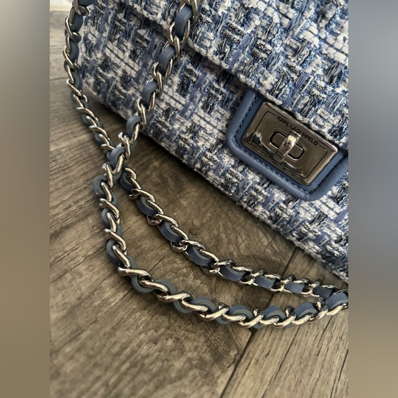 Karl Lagerfeld Blue and White Tweed Shoulder Bag - Picture 3 of 9